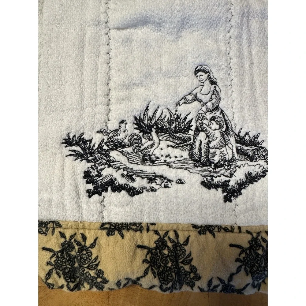 Vintage Embroidered Burp Cloths Toile Style Pastoral Scenes‎ Set of 3